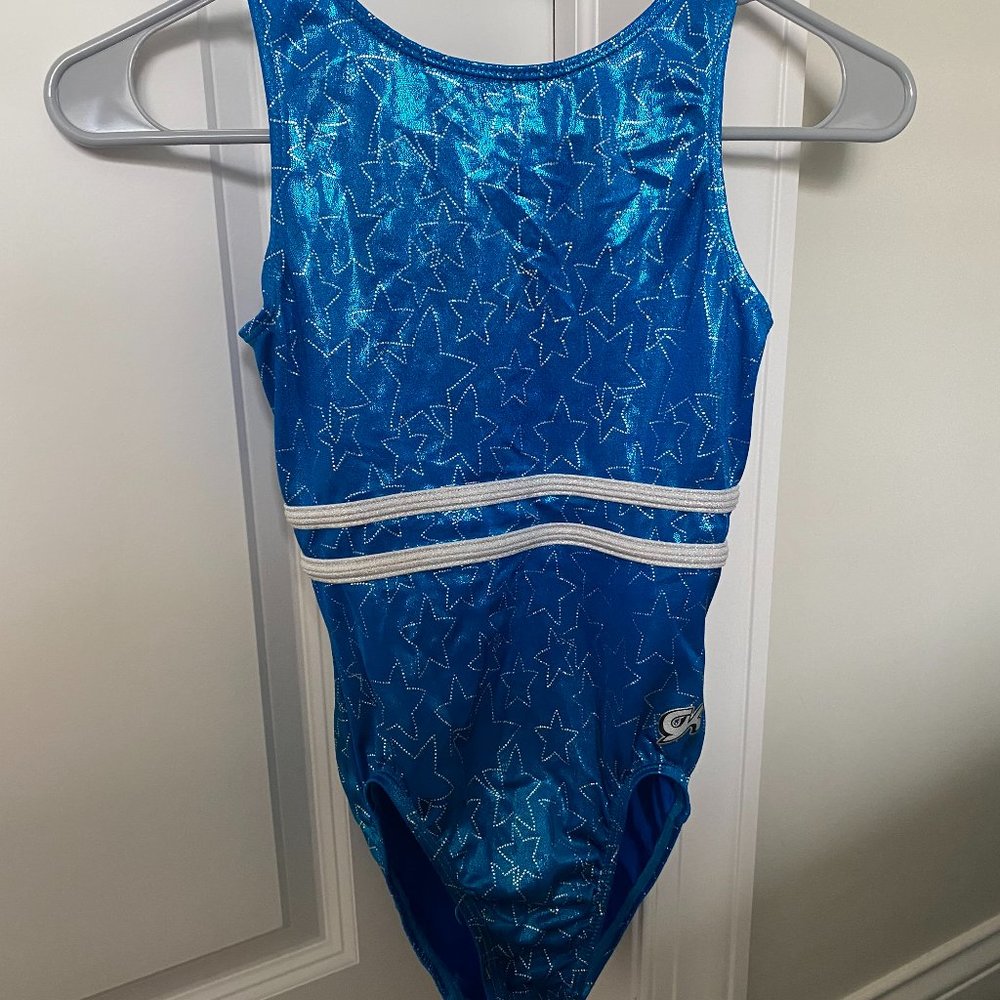 GK Elite Gymnastics Leotard (Blue with stars, Adult Small)